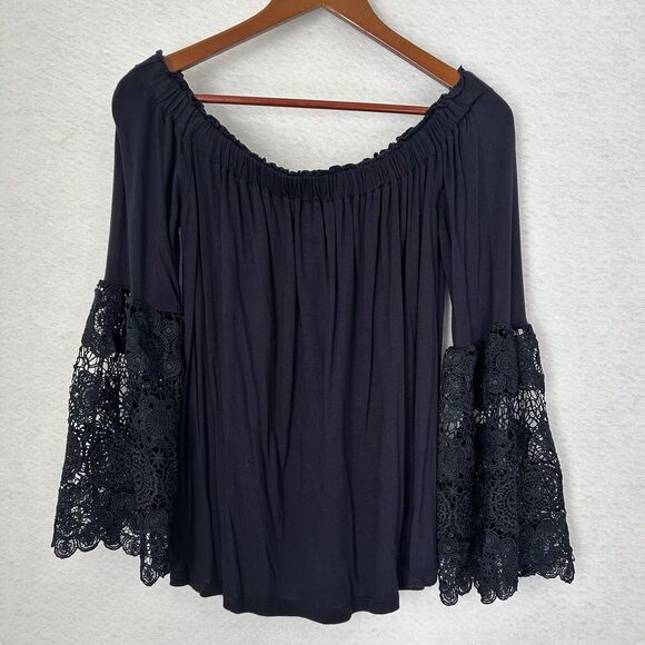 Loft Blouse Women S Navy Lace Off Shoulder Flowy Dressy Boho Fairy Goth Romantic - Picture 13 of 13
